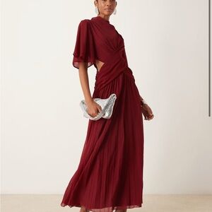 ASOS DESIGN cowl wrap front pleated midi dress with cut out in burgundy